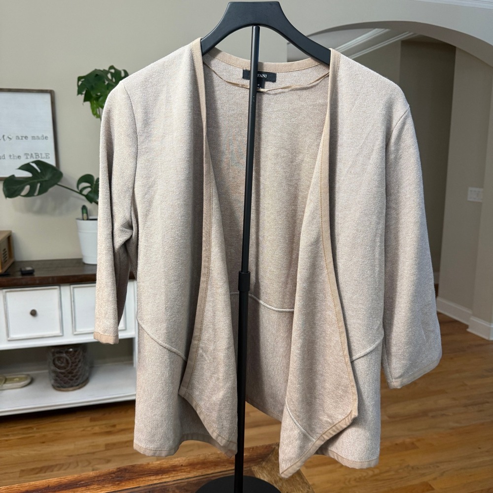 Alfani Womens Beige Open Front Draped Cardigan 3/4 Sleeve Cotton Blend Size M